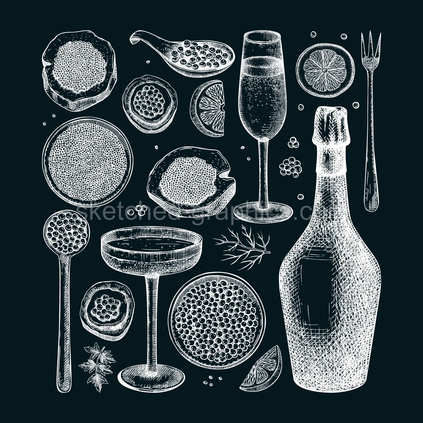 Caviar and champagne hand drawn illustrations collection. Hand drawn red caviar canape, canned black caviar, sparkling wine bottle, glasses sketches set. Seafood drawings isolated chalkboard Illustration